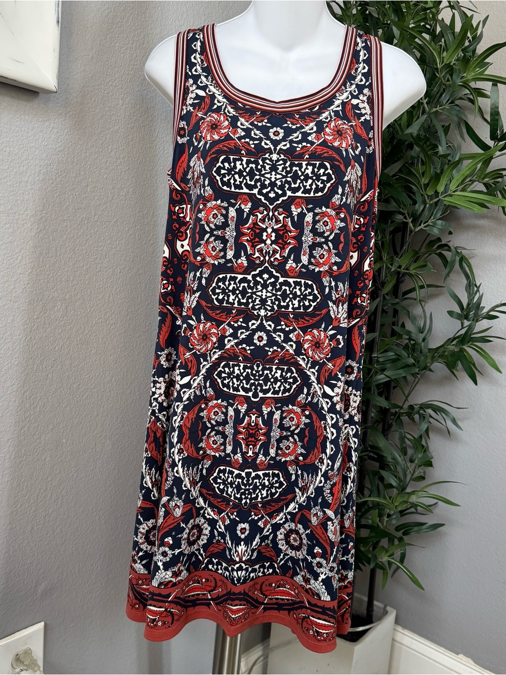 Max Studio Navy, Red and Cream Printed Midi Dress